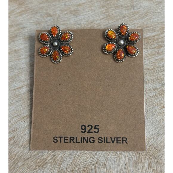 Native American Sterling Silver Orange Opal Flower Cluster Post Stud Earrings - Picture 3 of 13